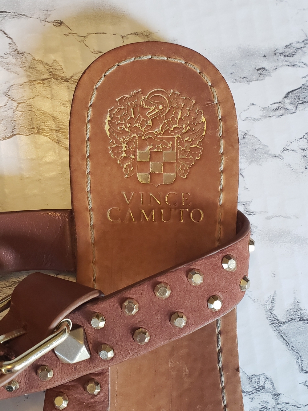 Vince Camuto Brown Studded T-Strap Sandals. Toe To Heal Measures 10.5 Inches. - Picture 2 of 5